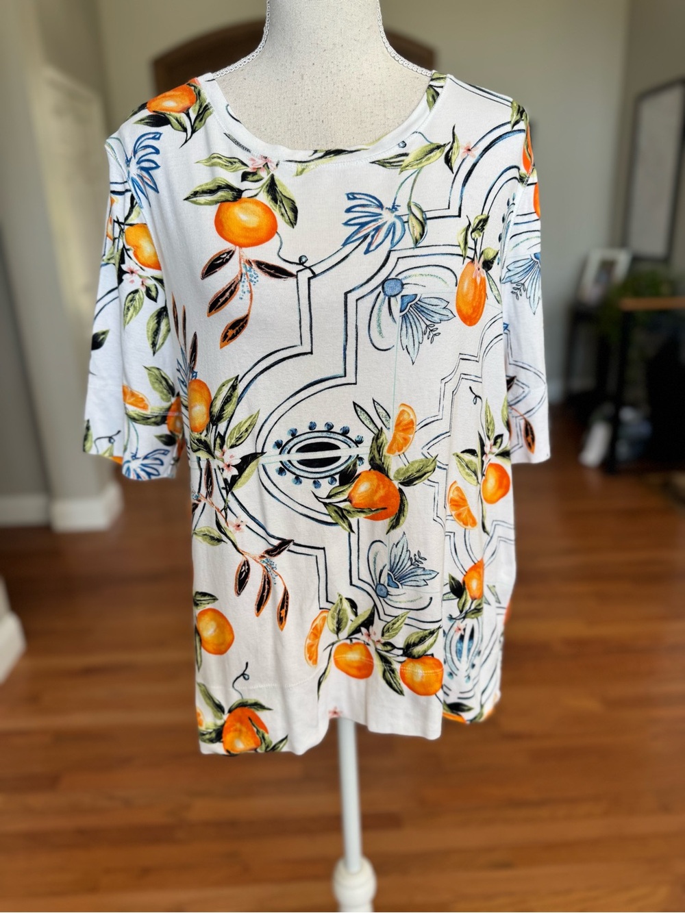 Chico's White Short Sleeve Top with Orange & Blue Botanical Print